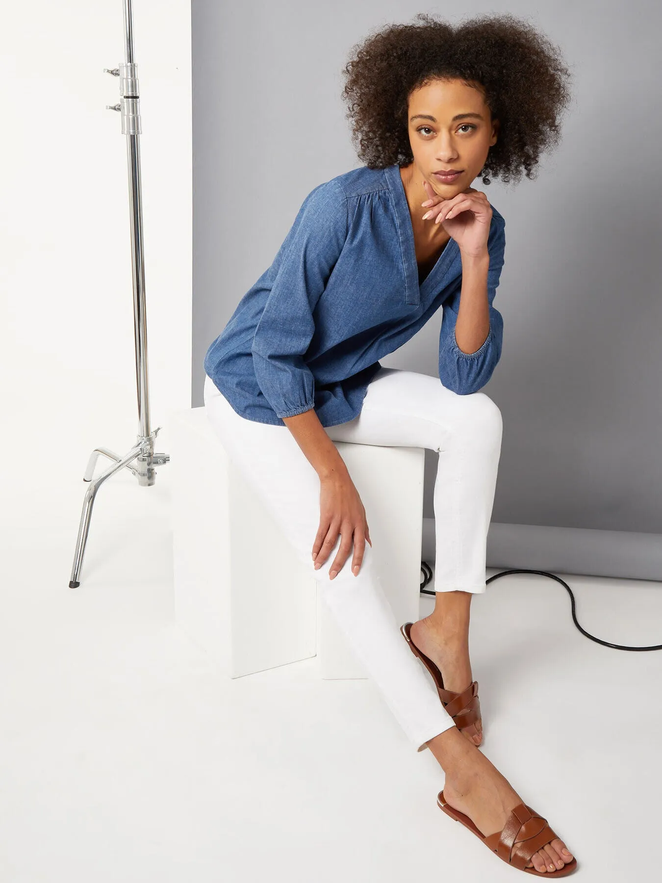 Stretch Denim V-Neck Kelly Blouse