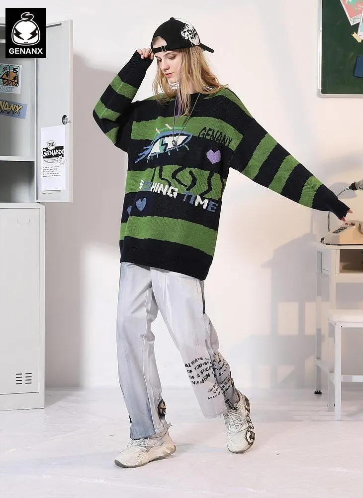 Stripes Color Block Jacquard Crew Neck Sweater