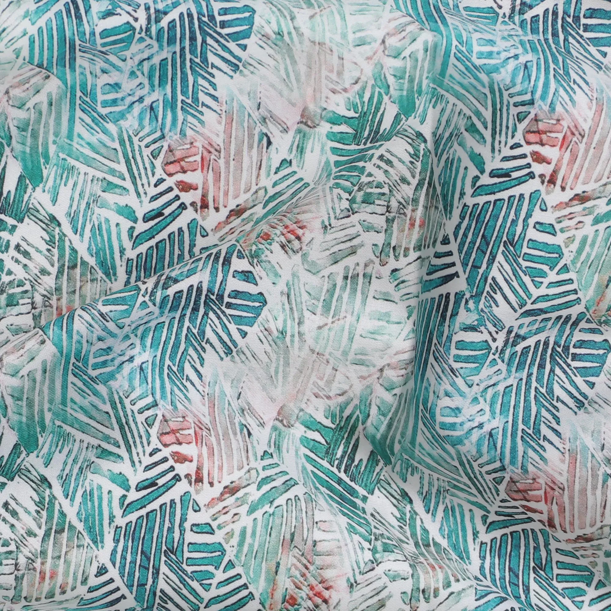 Tropical Aqua Cotton Satin Fabric with Coral Leaf Impressions, 110 cm Wide-D19201