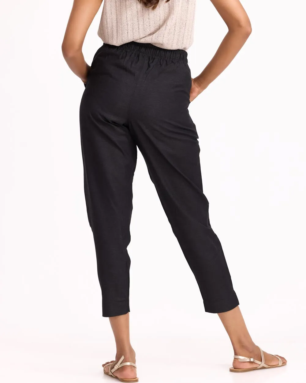 Women Black Linen - Blend Trousers