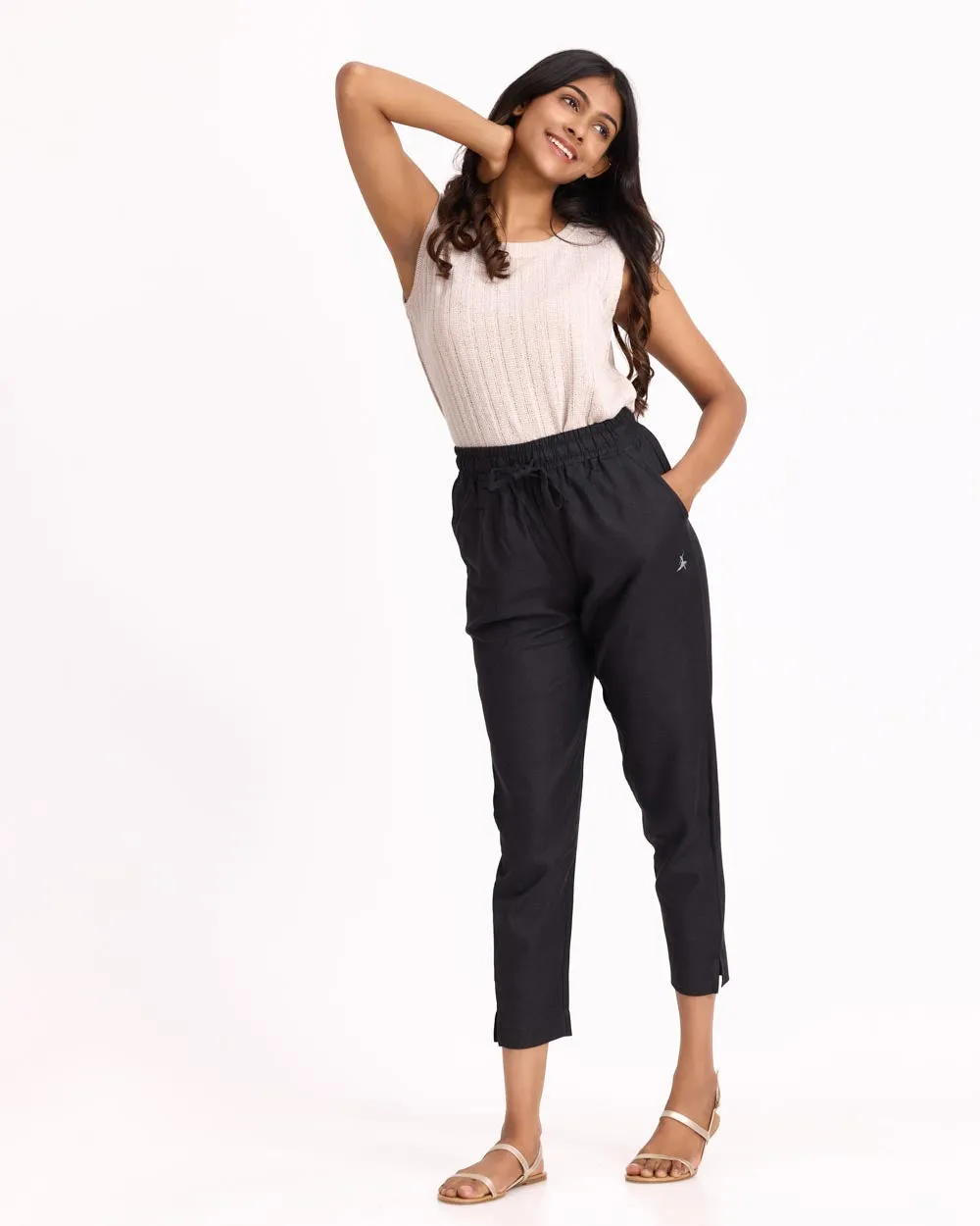 Women Black Linen - Blend Trousers