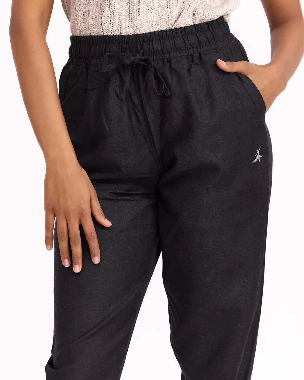 Women Black Linen - Blend Trousers