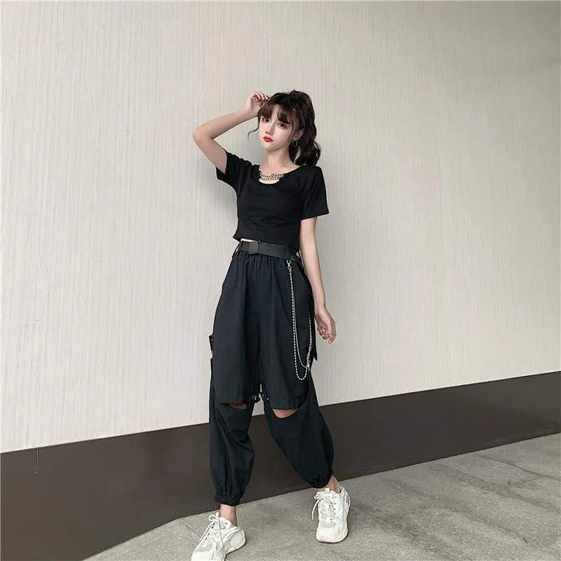 Women's Casual Black Pants With Detachable Chain